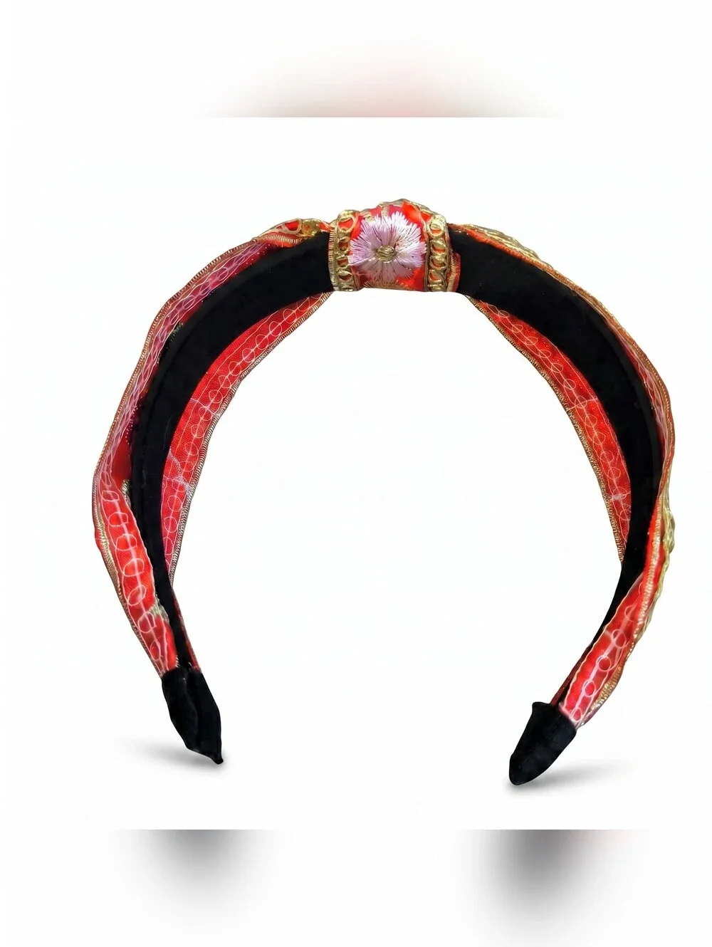 Embroidered Red Floral Boho Headband with Gold Trim